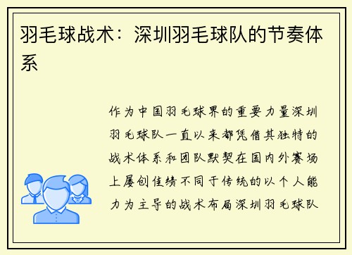 羽毛球战术：深圳羽毛球队的节奏体系