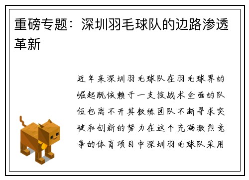 重磅专题：深圳羽毛球队的边路渗透革新